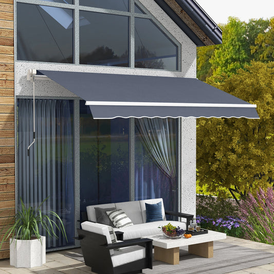 12'x8' Retractable Patio Awning Manual Crank Sunshade, Grey Deck Awnings Dark Grey at Gallery Canada