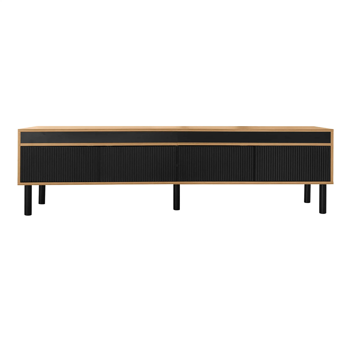Elegant Stripe Design Stand, Sturdy Wooden Legs, 3 Doors, 67" L x 15" W x 18.5" H, Natural, Black TV Stands Black, Natural at Gallery Canada