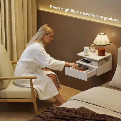 Floating Nightstand Set of 2, Wall Mounted Bedside Table with with Power Outlets, Drawer and Shelf, White Bedside Tables at Gallery Canada