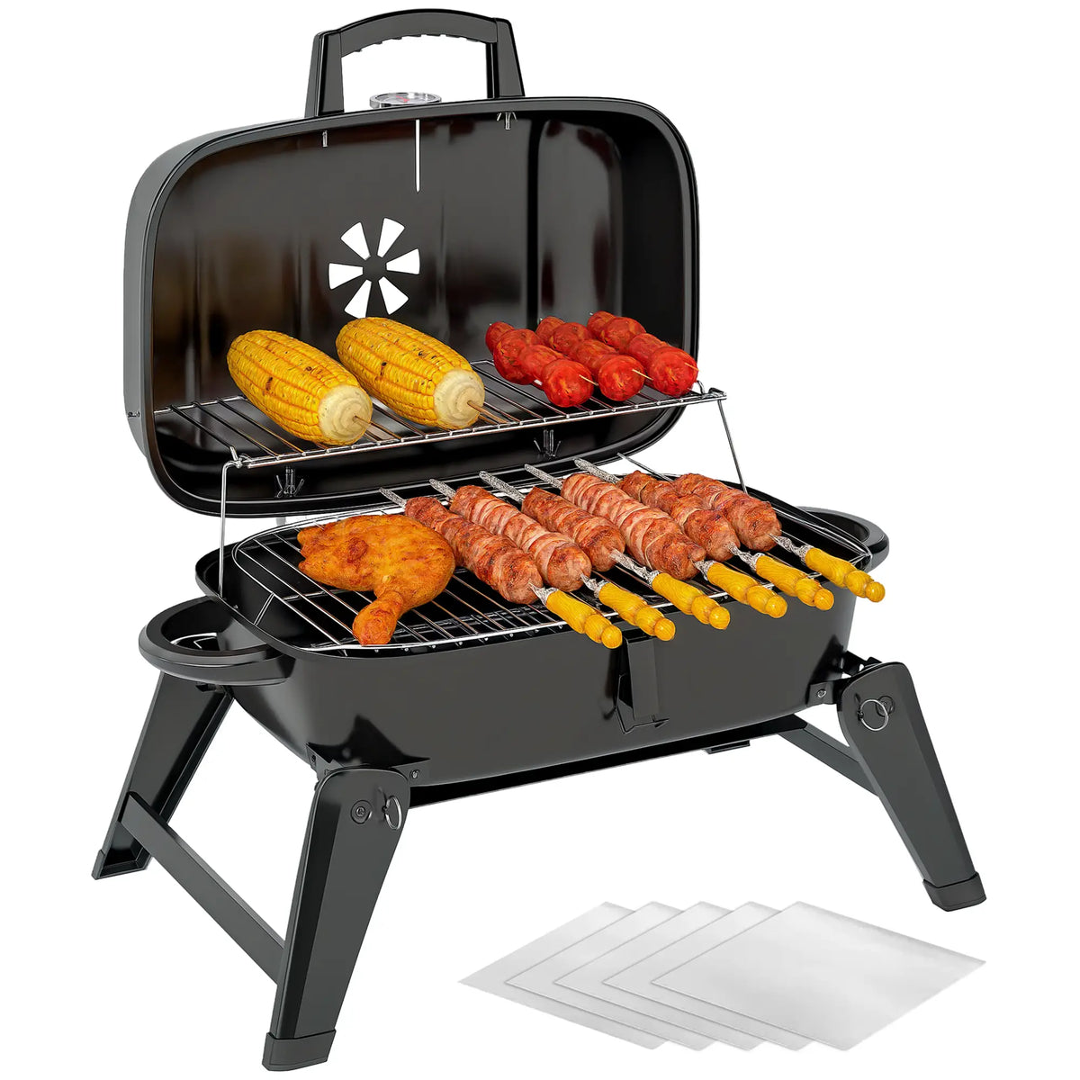 Foldable Charcoal BBQ Grill With Warming Rack, Adjustable Vent, Thermometer, Black