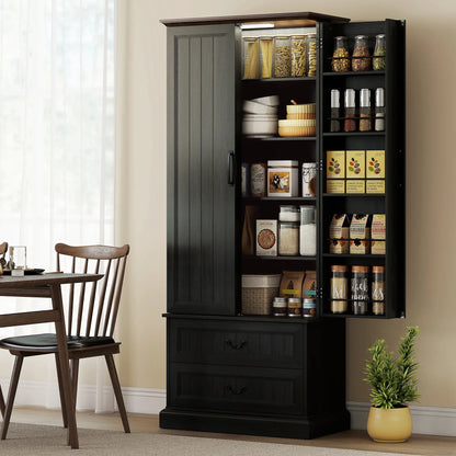 72 Inch LED Kitchen Pantry Cabinet, 10 Shelves, 2 Drawers, Black Kitchen Pantry Cabinets at Gallery Canada
