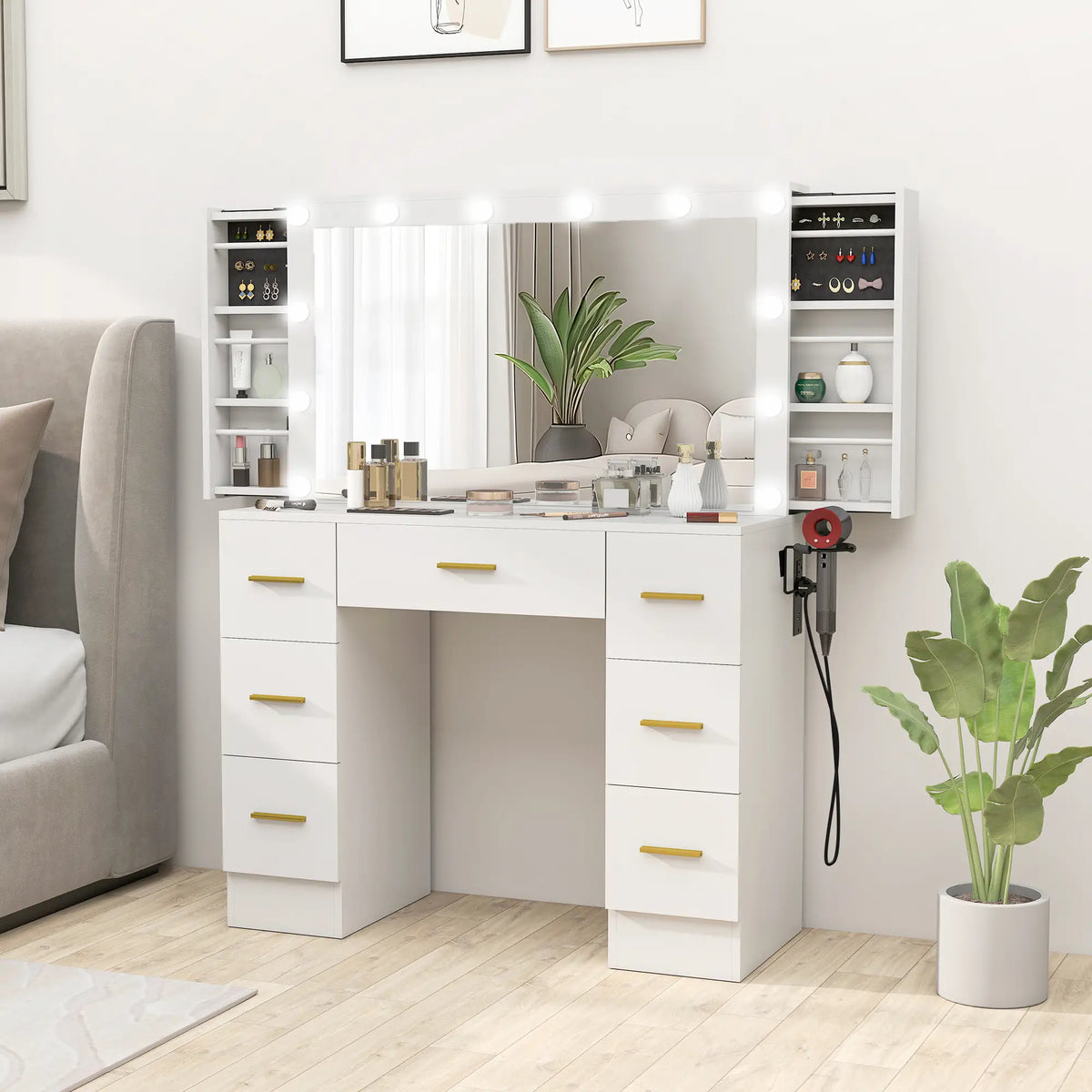 Makeup Vanity Desk with Mirror, Lights, 7 Drawers, White Dressing & Vanity Tables at Gallery Canada