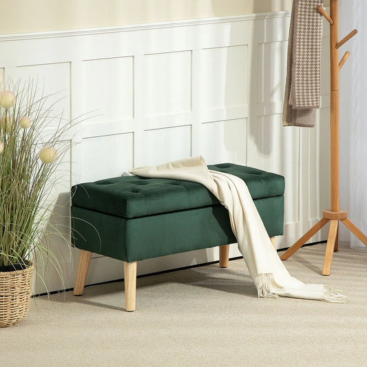 Velvet Storage Ottoman with Lid, Wood Legs, Dark Green Storage Ottomans & Benches Dark Green at Gallery Canada