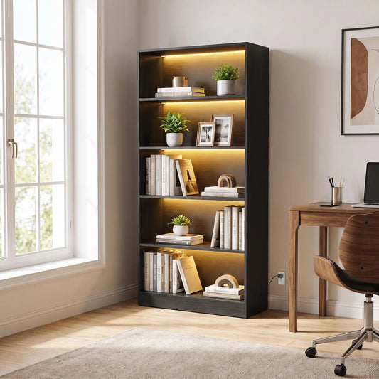 5-Tier Bookshelf With LED Lights, Cable Holes, Black Wood Grain Display Bookshelves Black Wood Grain at Gallery Canada