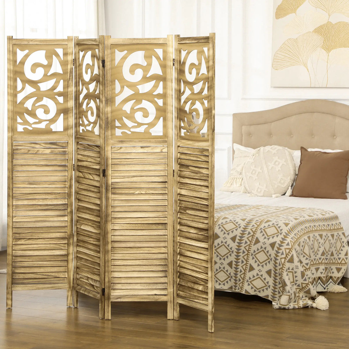 5.6 Ft Room Divider, 4 Panel Folding Privacy Screen, Brown Room Dividers at Gallery Canada