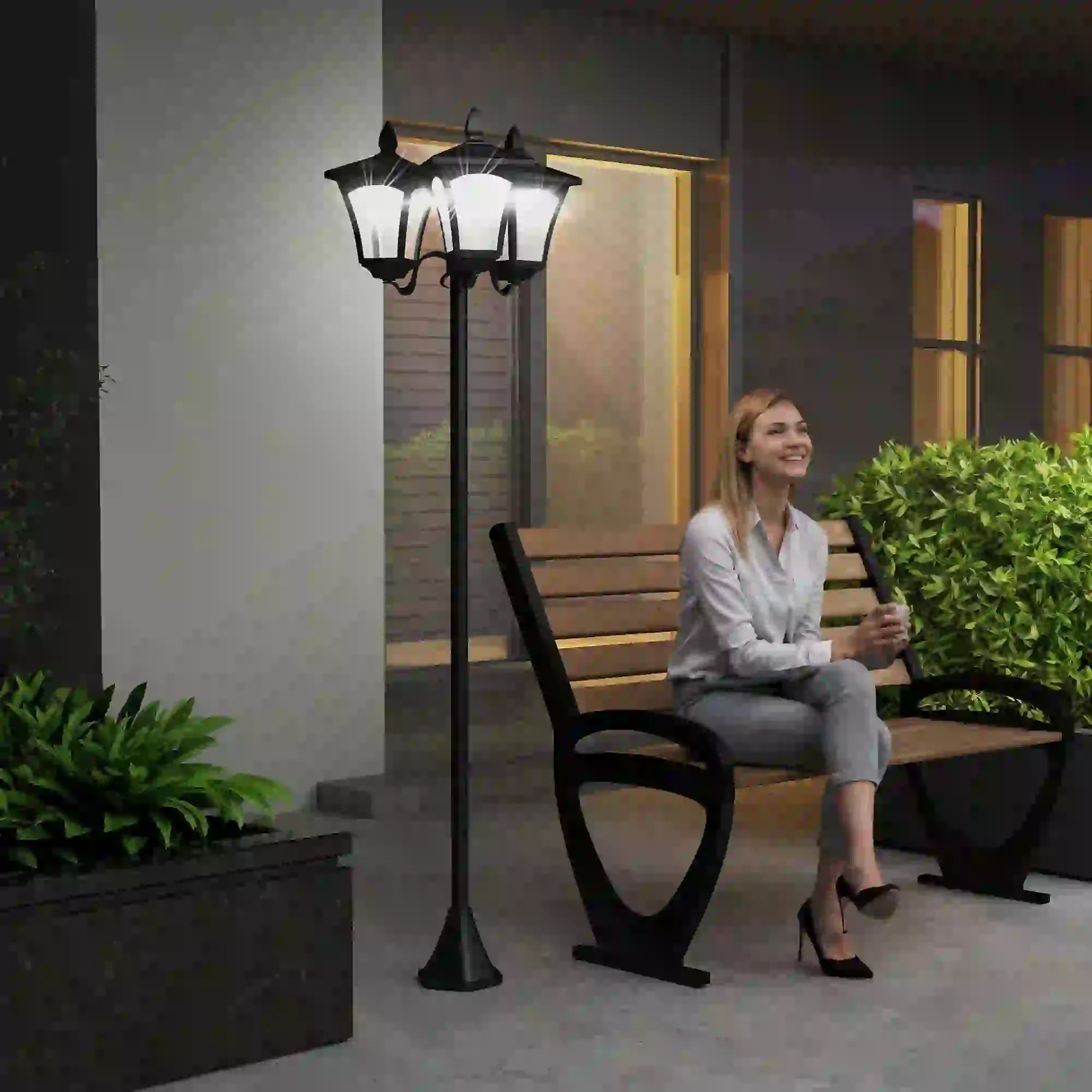 Triple Solar Lamp Post, LED Street Light, Vintage Outdoor, Waterproof, 72