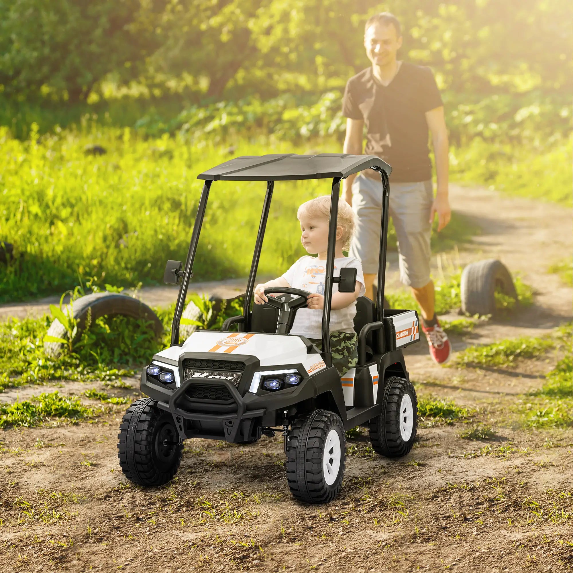 24V 2 Seater Electric Car, Remote Control, 4 Wheels Suspension, White Electric Toy Cars at Gallery Canada