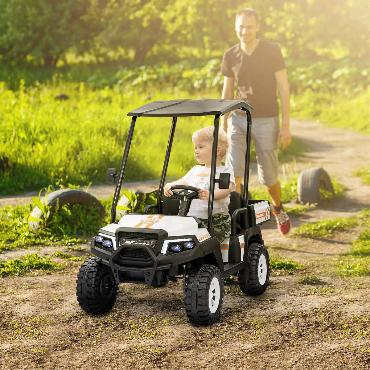 24V 2 Seater Electric Car, Remote Control, 4 Wheels Suspension, White Electric Toy Cars at Gallery Canada