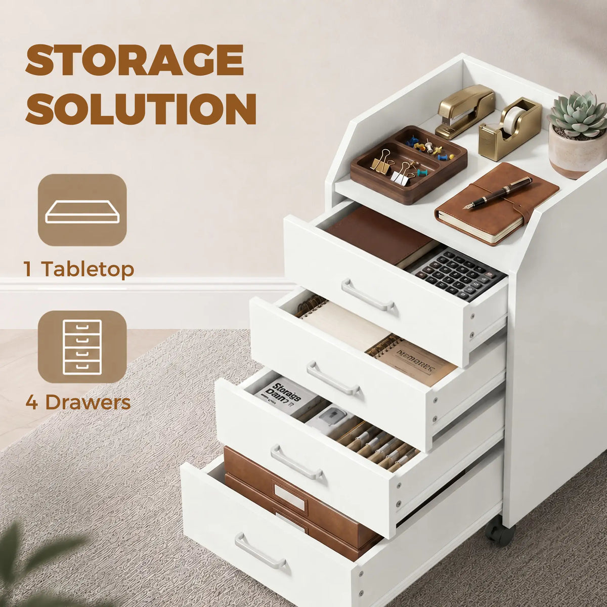 4-Drawer Vertical Mobile Filing Cabinet With Lockable Wheels, White Office Cabinets & Cupboards at Gallery Canada