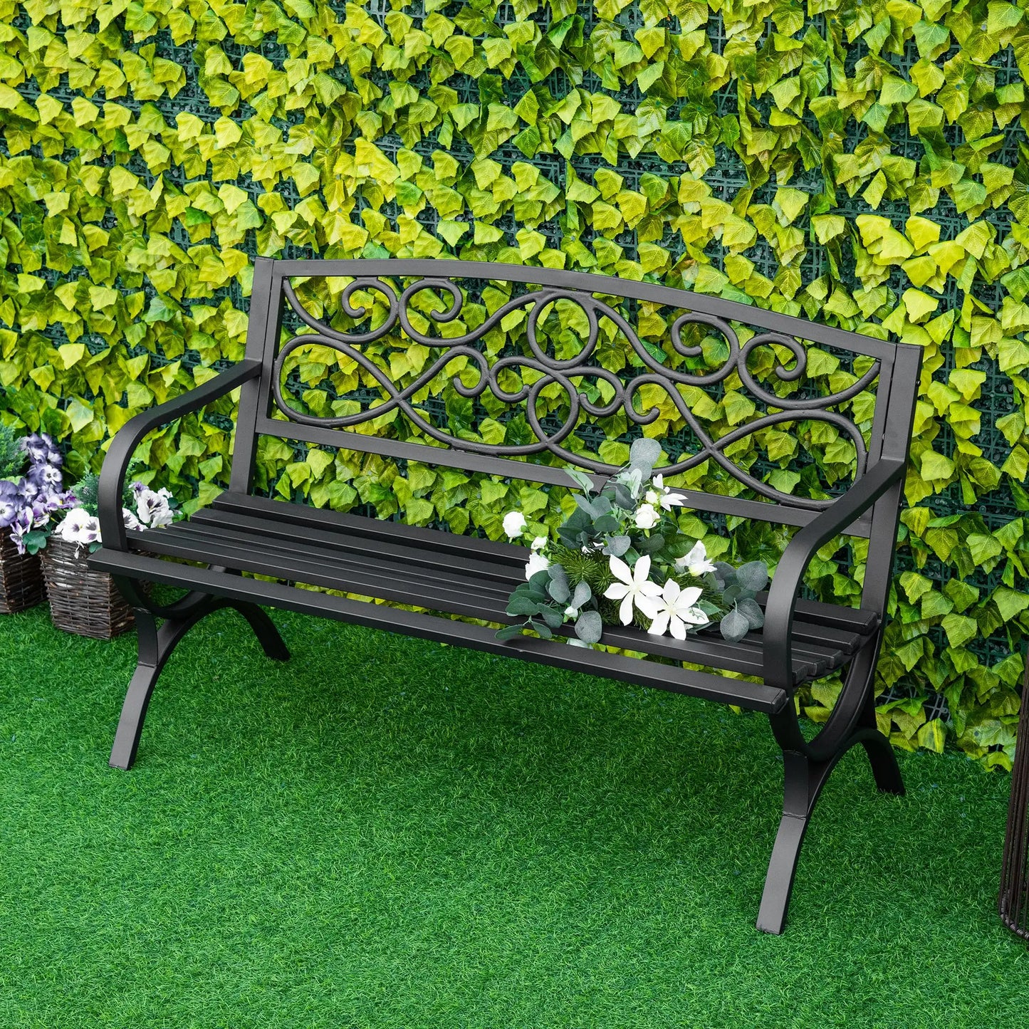 50" 2-Seater Outdoor Garden Bench, Antique Loveseat with Armrest, Steel/Black, Black Outdoor Benches at Gallery Canada