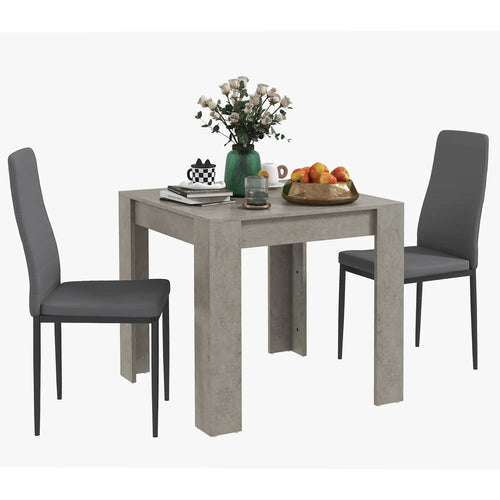 Square Dining Table Set for 2, Faux Cement Table, PU Leather Chairs