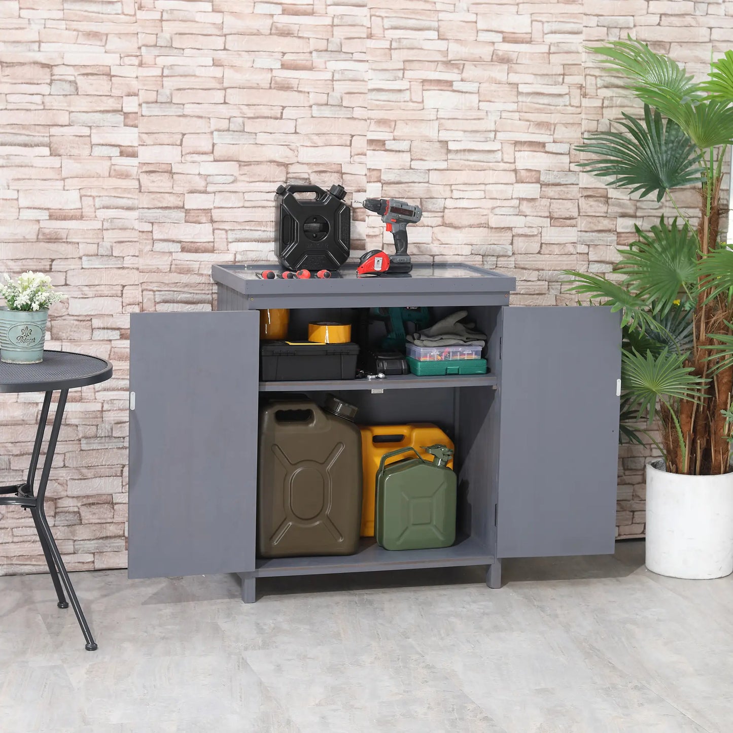 Outdoor Garden Storage Cabinet, Galvanized Top, Two Shelves, Grey Sheds at Gallery Canada
