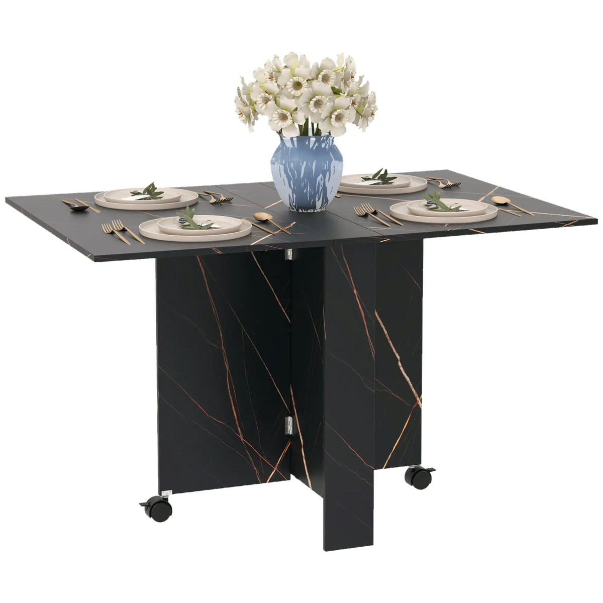 Foldable Drop Leaf Dining Table, 2 Wheels, Kitchen Desk Bar Tables & Dining Tables Faux Black Marble at Gallery Canada
