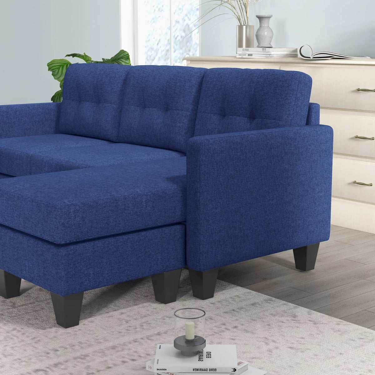 L-Shaped Sofa, 3 Seater Sectional Couch with Ottoman, Dark Blue 3-Seater Sofas at Gallery Canada