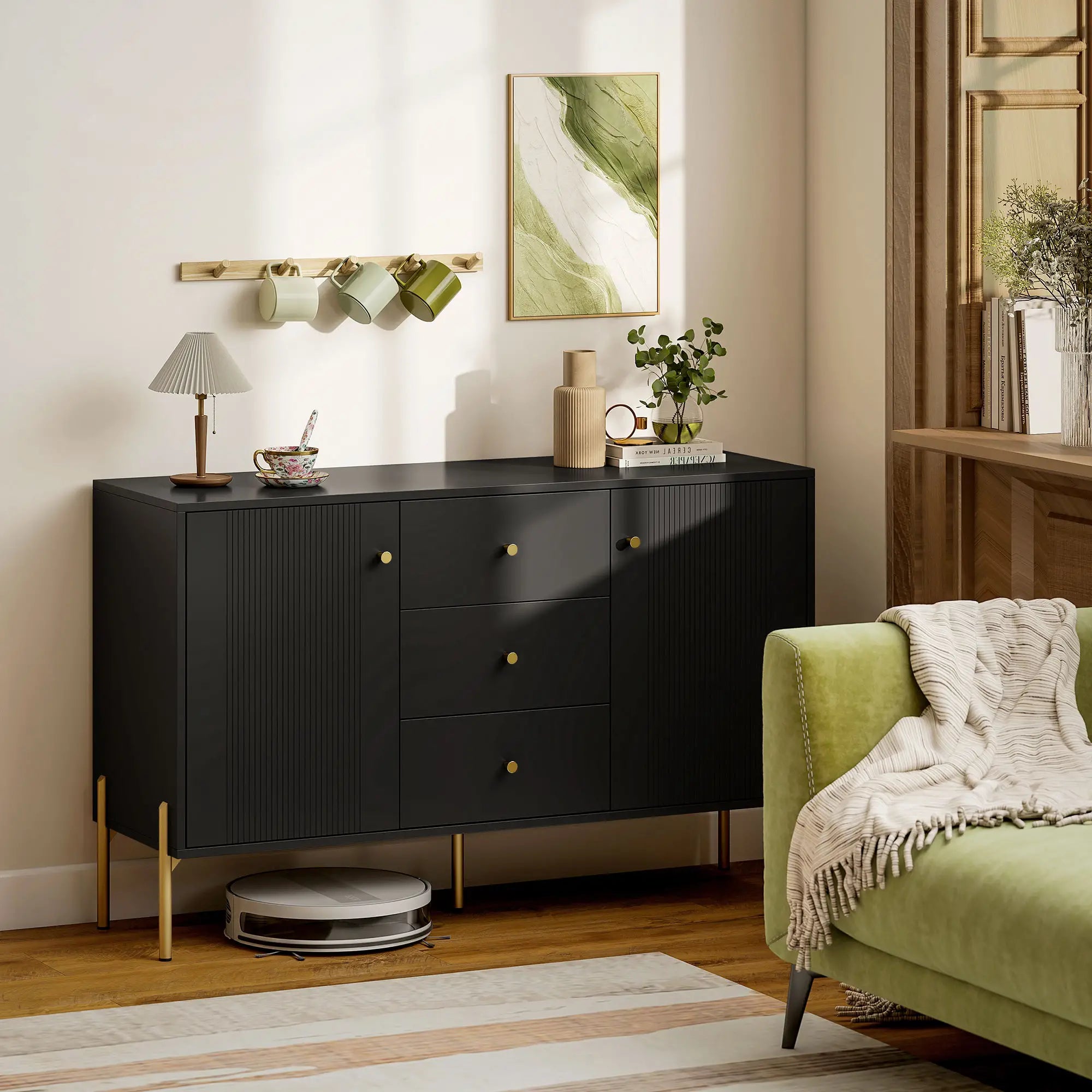 Buffet Cabinet, Modern Sideboard with 3 Drawers and 2 Shelves, Black Storage Cabinets at Gallery Canada