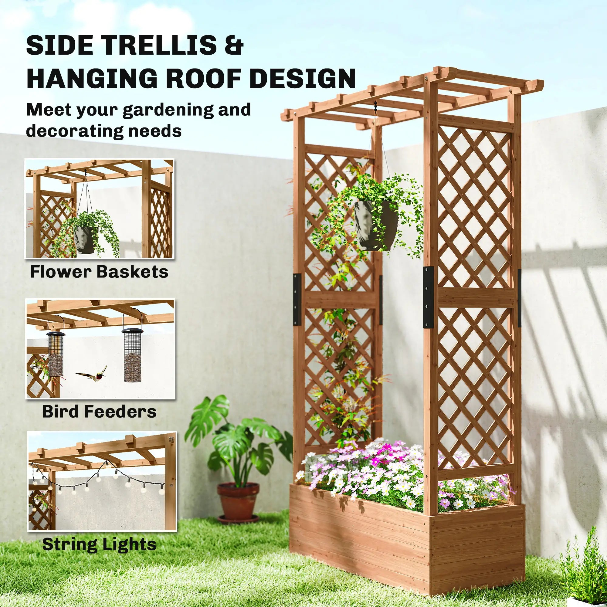 Wooden Raised Garden Bed with Trellis and Hanging Roof, Orange Wooden Planter Boxes at Gallery Canada