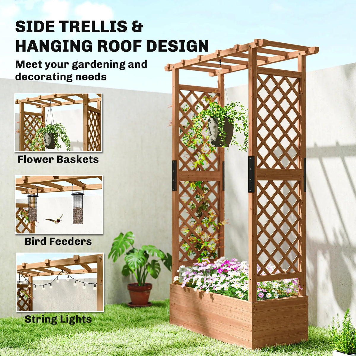 Wooden Raised Garden Bed with Trellis and Hanging Roof, Orange Wooden Planter Boxes at Gallery Canada