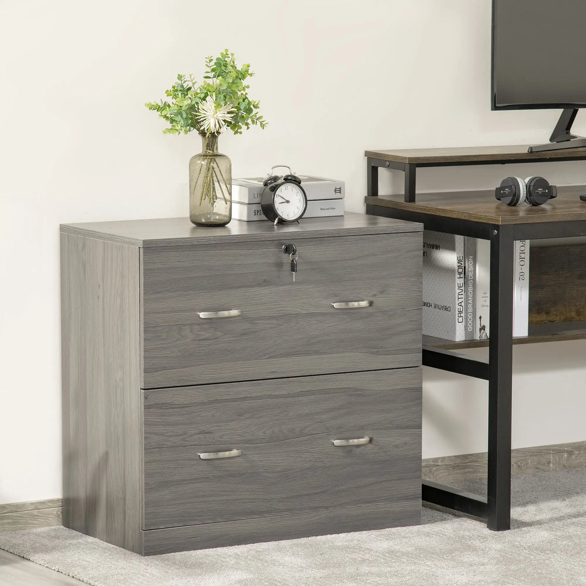 2 Drawer File Cabinet with Lock, Hanging Bar, Letter Size, Grey Office Cabinets & Cupboards at Gallery Canada