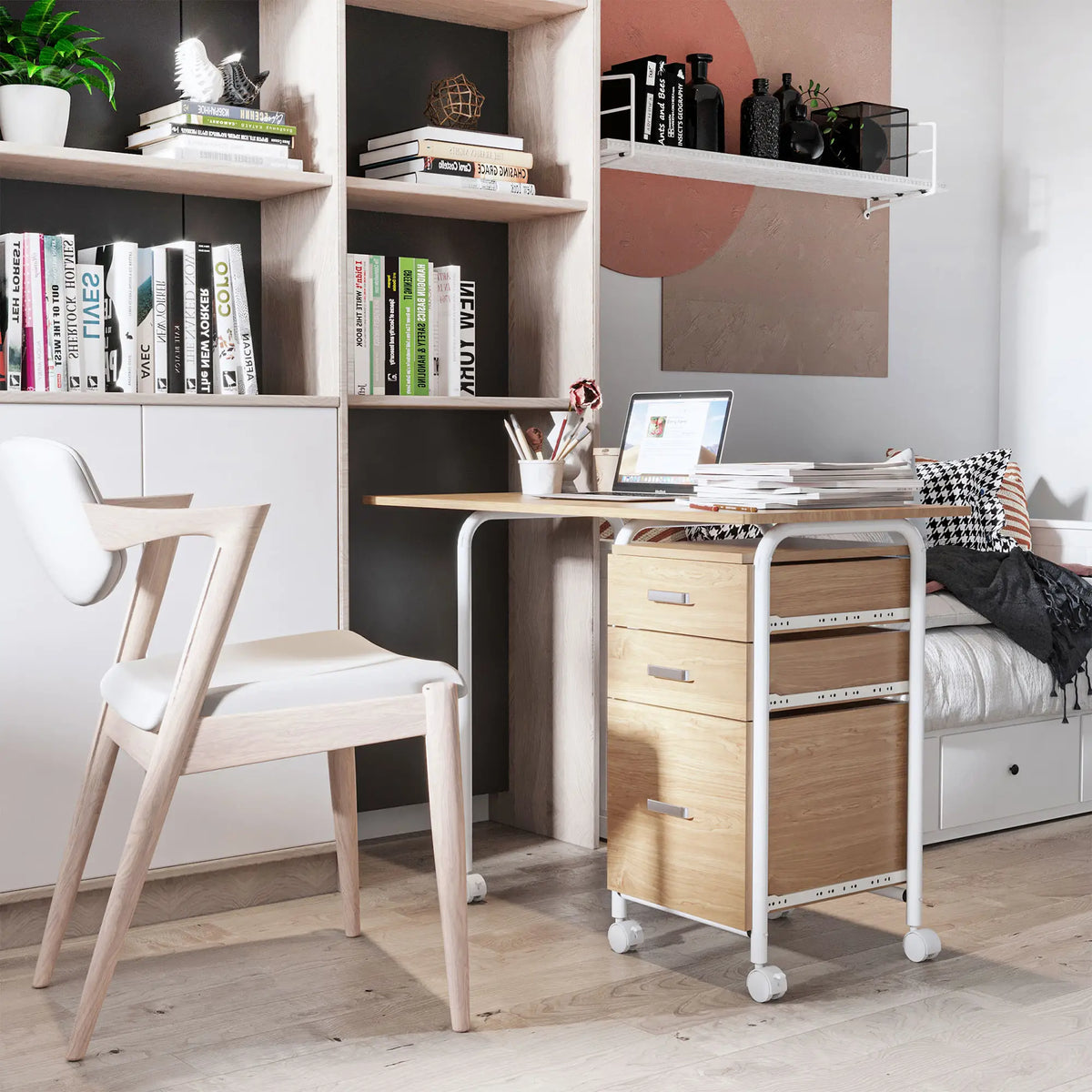 Foldable Computer Desk with Drawers, 6 Wheels, Natural Writing Desks at Gallery Canada