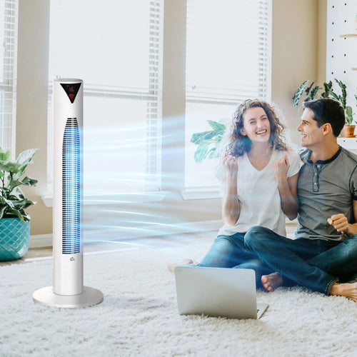 Freestanding Tower Fan, 3 Speed, 12h Timer, Oscillating, LED Panel, Remote, White