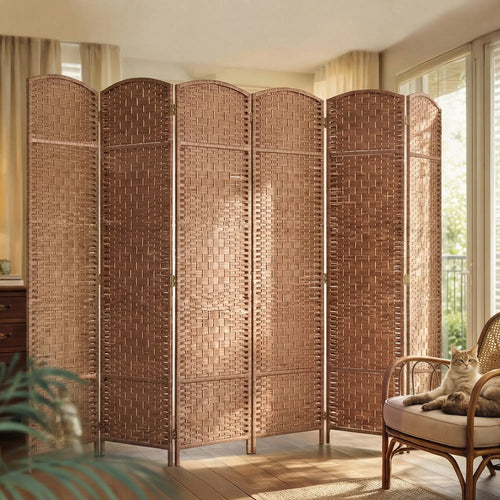 6ft Folding Room Divider, 6 Panel Wooden Frame, Natural