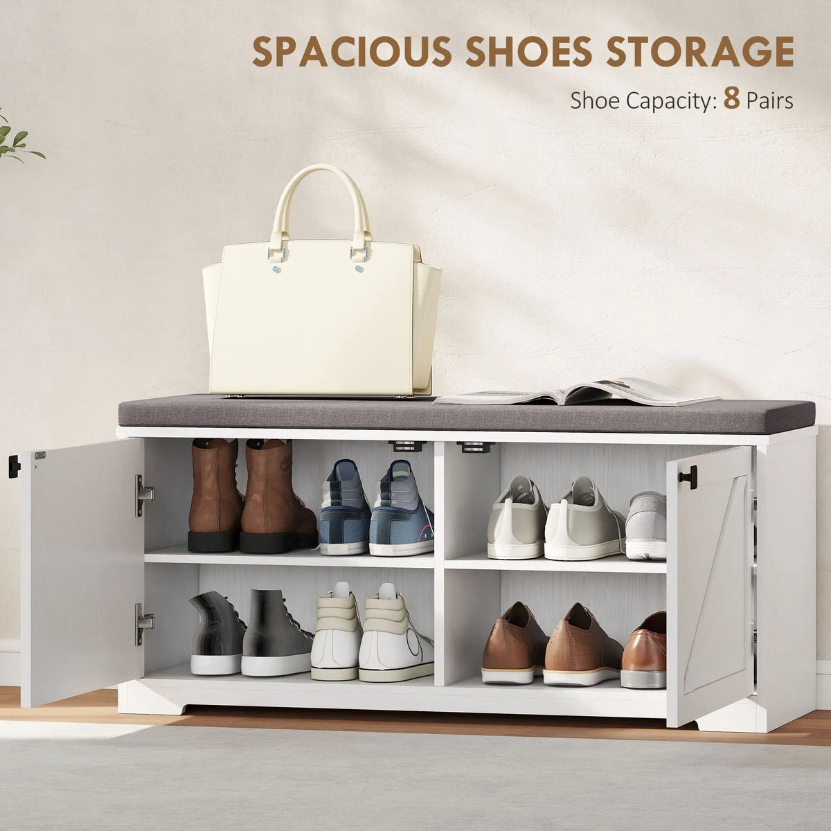 Shoe Storage Bench with Padded Seat, 8 Pairs, White Wood Grain, White Shoe Storage Cabinets & Racks at Gallery Canada