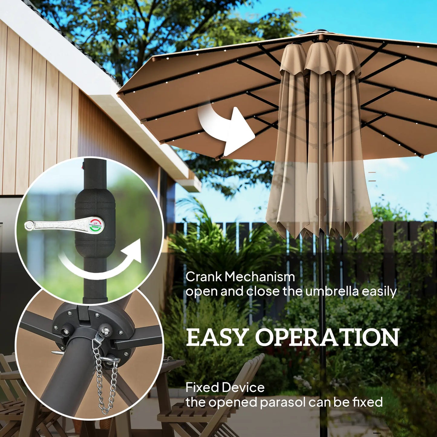 174" Double-Sided Sun Umbrella, Patio Sun Shade, Solar LED Light, Khaki Double-sided Umbrellas at Gallery Canada