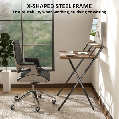 27.6" Folding Computer Desk, Rustic Brown, Monitor Shelf Writing Desks at Gallery Canada