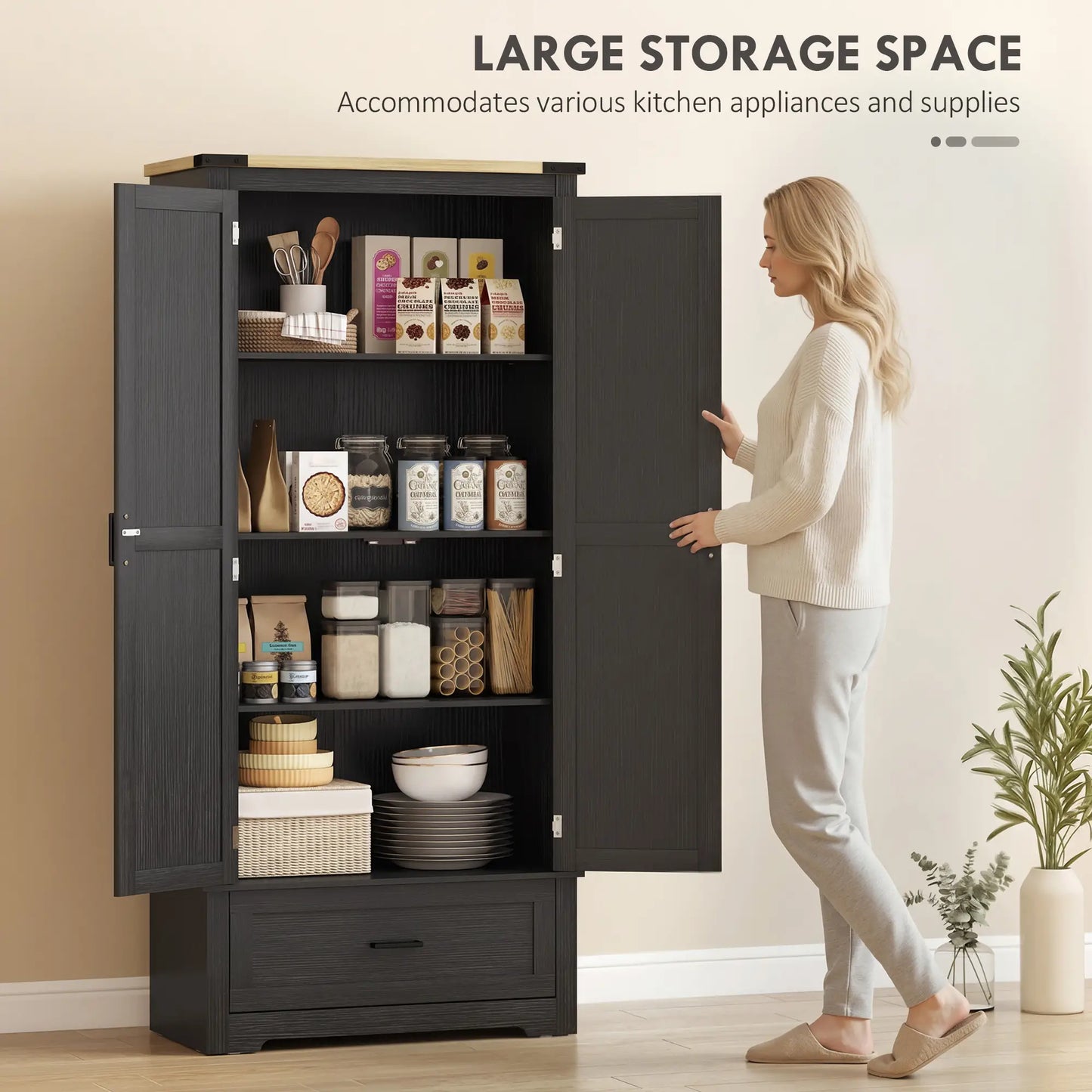 69" Tall Kitchen Pantry Cabinet, 2 Doors, Drawer, Adjustable Shelves, Black Brown Kitchen Pantry Cabinets at Gallery Canada