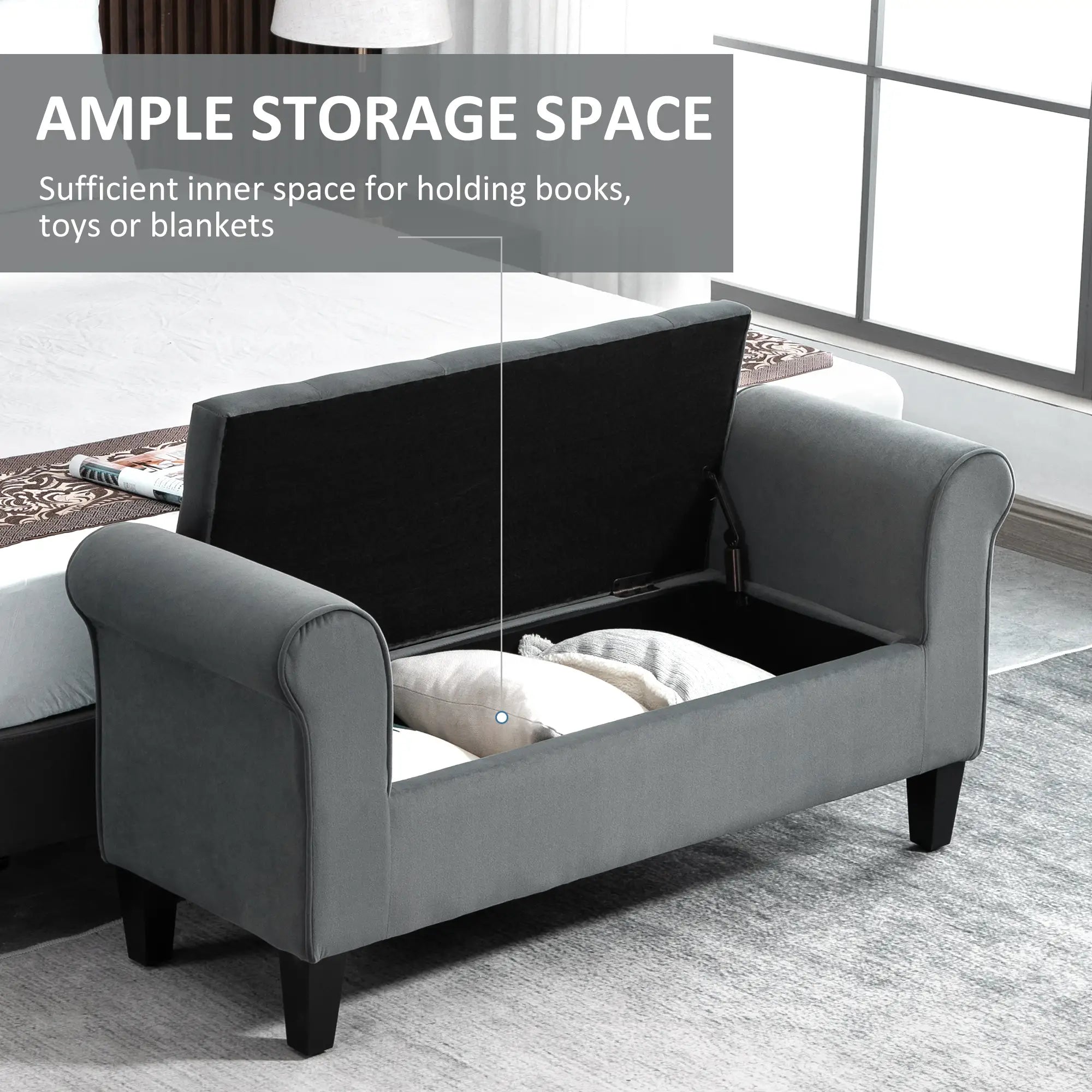 Button Tufted Storage Ottoman Bench, 70 Inches, Grey Storage Ottomans & Benches at Gallery Canada