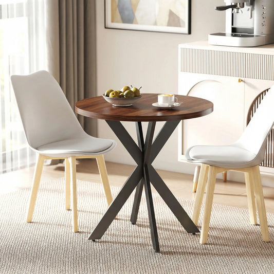 29" Round Dining Table, Walnut Finish, Steel Legs Dining Tables Walnut Wood Grain Tabletop, Black Legs at Gallery Canada