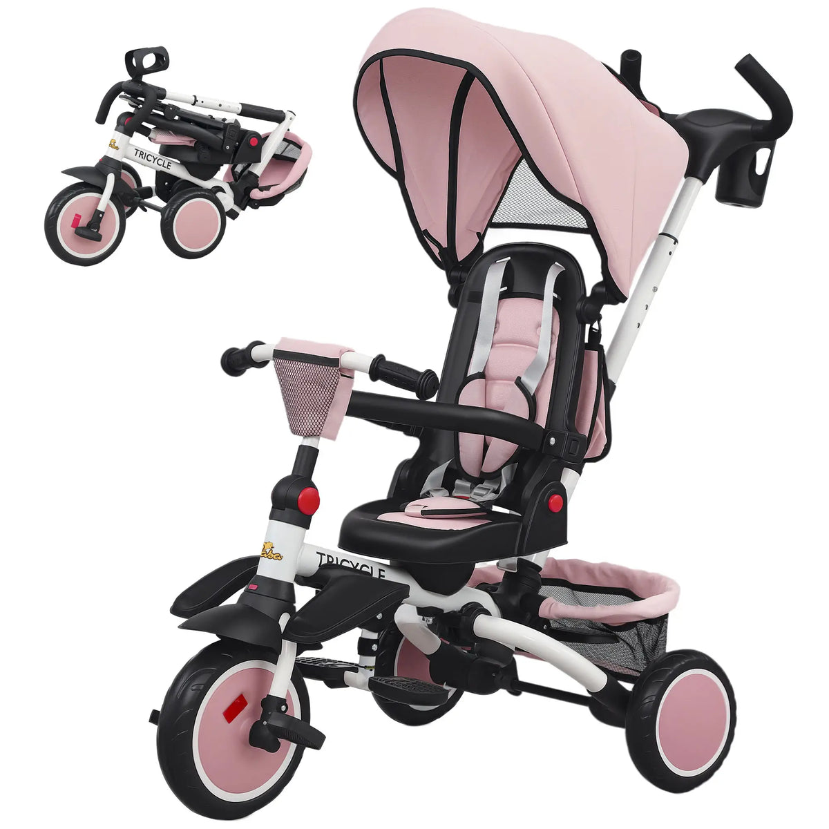 6 in 1 Toddler Tricycle, Push Handle, Removable Canopy, Rotatable Seat, Pink Tricycles for Kids Pink at Gallery Canada