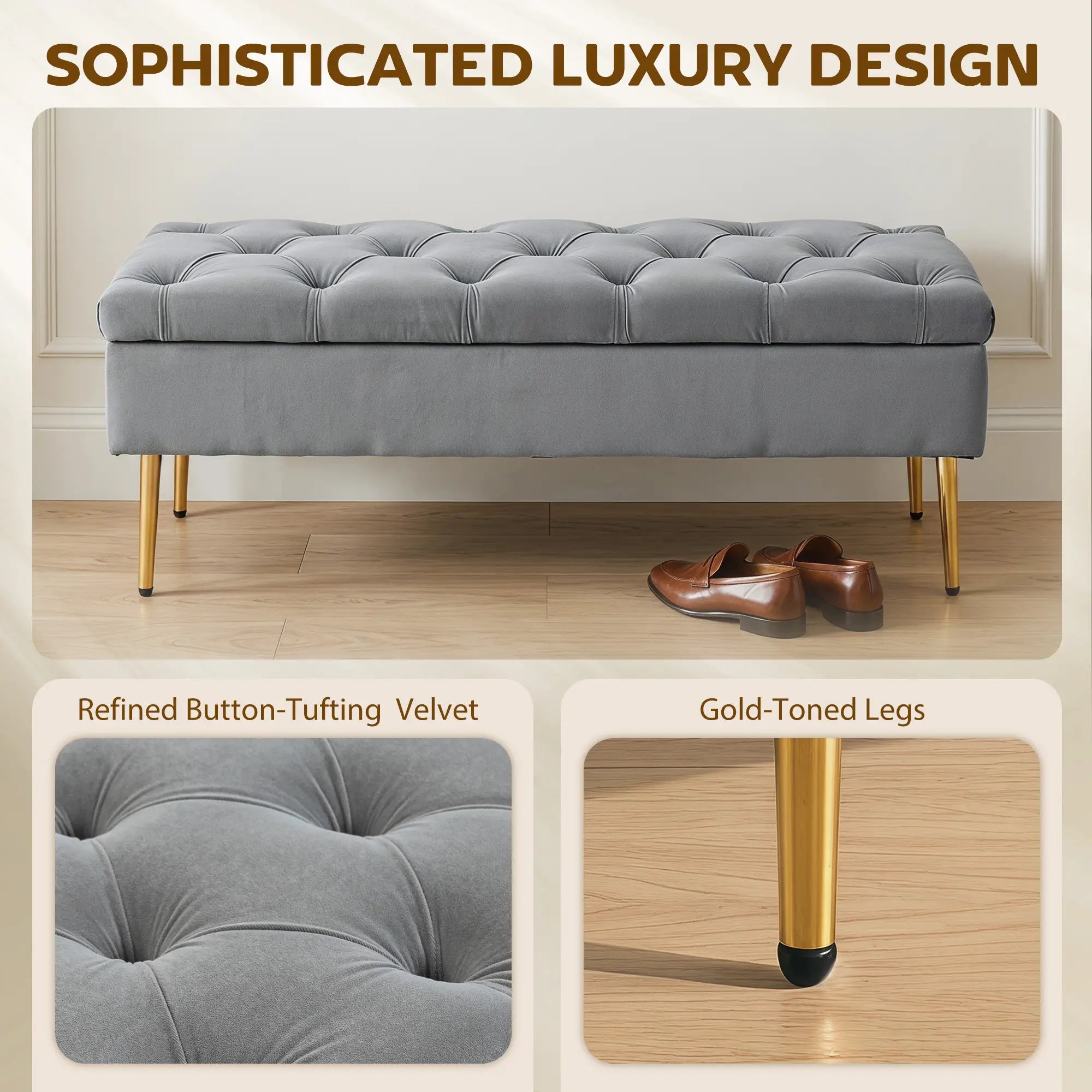Upholstered Bedroom Bench with Gold Tone Metal Legs, Velvet Tufted and Thick Padding, Grey Storage Ottomans & Benches at Gallery Canada