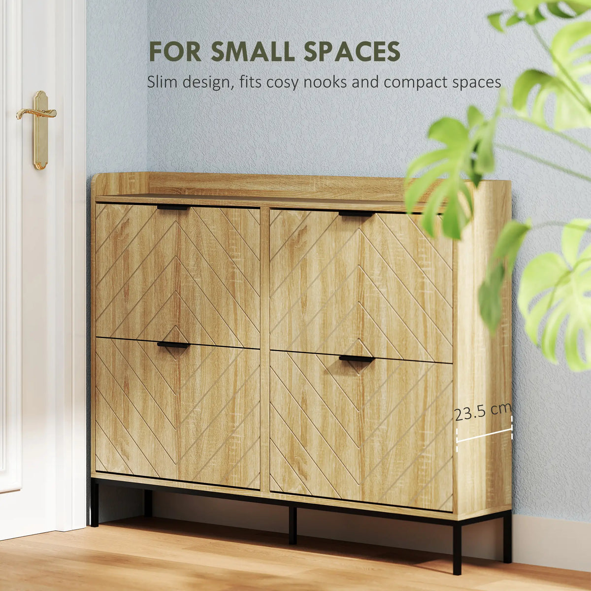 Narrow Shoe Storage Cabinet, 4 Flip Drawers, Holds 16 Pairs, Oak Shoe Storage Cabinets & Racks at Gallery Canada
