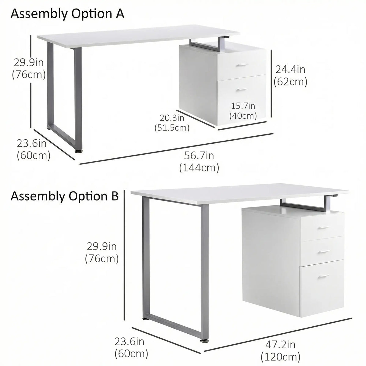 47" Computer Desk With Reversible File Drawers, White Writing Desks at Gallery Canada
