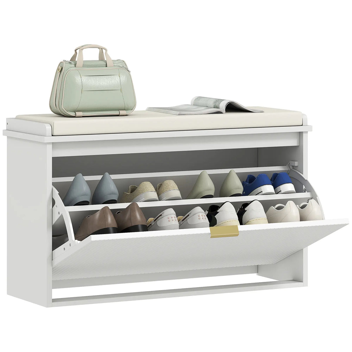Entryway Bench with Padded Seat, Flip-Drawers, Holds 265lbs, Shoe Storage for 8 Pairs, White Shoe Storage Cabinets & Racks at Gallery Canada