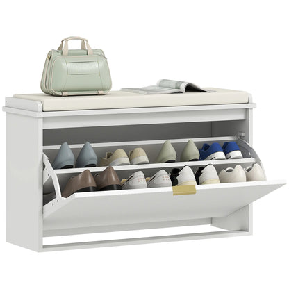 Entryway Bench with Padded Seat, Flip-Drawers, Holds 265lbs, Shoe Storage for 8 Pairs, White Shoe Storage Cabinets & Racks at Gallery Canada