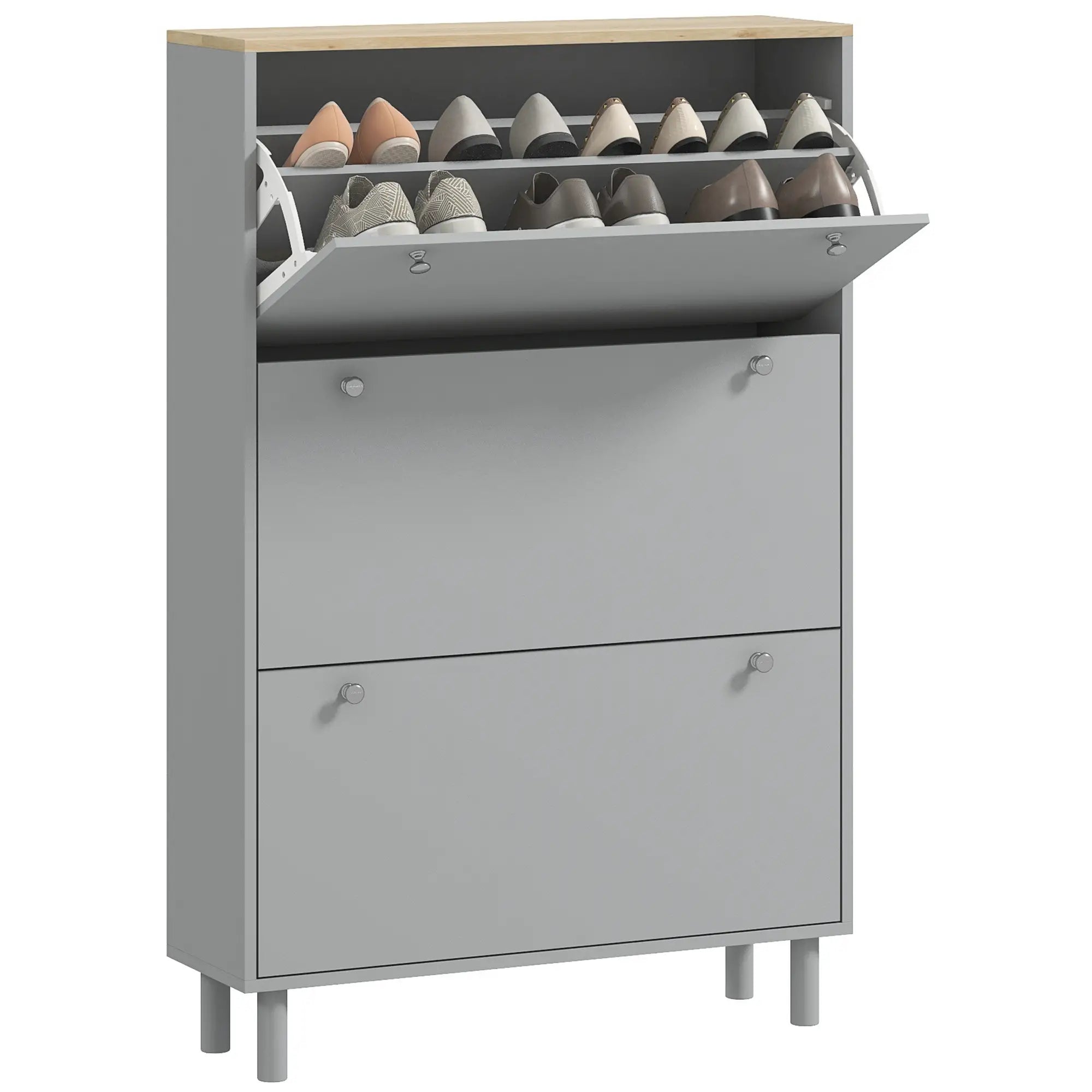 Shoe Storage, 3 Flip Drawers, Adjustable Shelves, 24 Pairs, Grey Shoe Storage Cabinets & Racks Grey, Light Oak at Gallery Canada