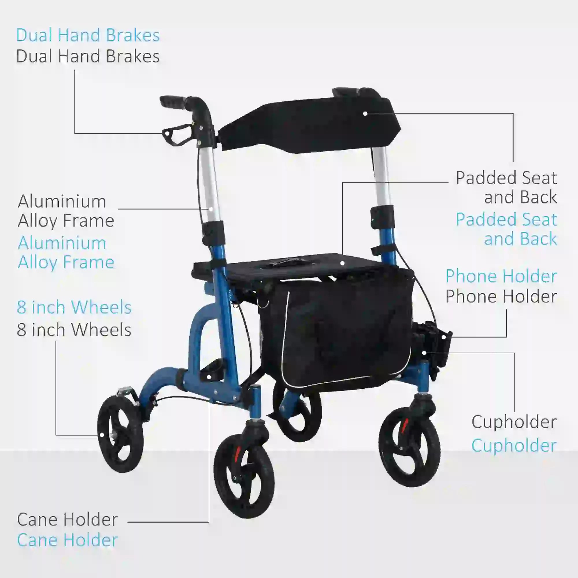 Rollator Walker, 8'' Wheels, Padded Seat, Backrest, Storage Bag, Blue Knee Walker & Wheelchair Ramps at Gallery Canada