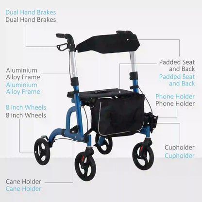 Rollator Walker, 8'' Wheels, Padded Seat, Backrest, Storage Bag, Blue Knee Walker & Wheelchair Ramps at Gallery Canada