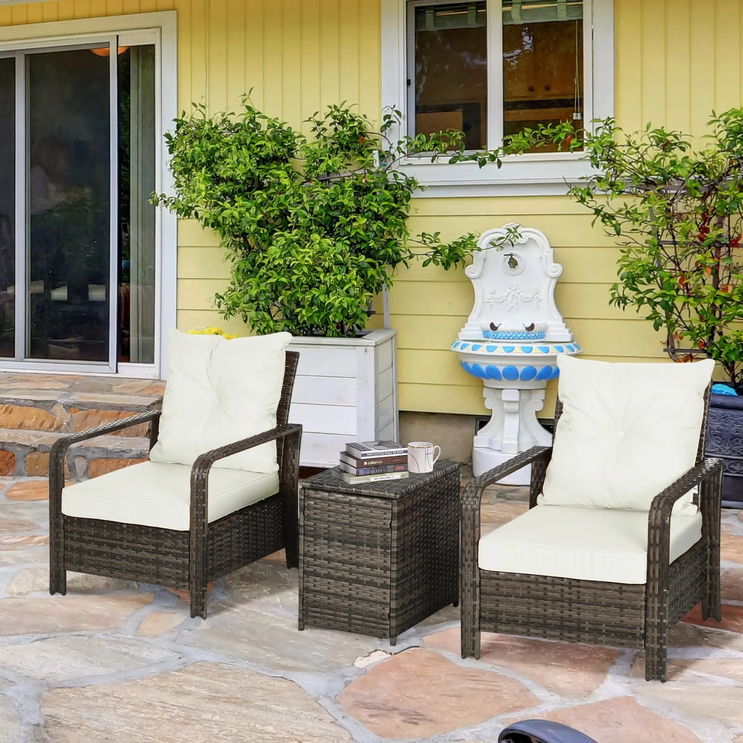 3-Piece Wicker Patio Set, Rattan Bistro with Storage Table, Thickened Cushions, Beige Bistro Sets at Gallery Canada
