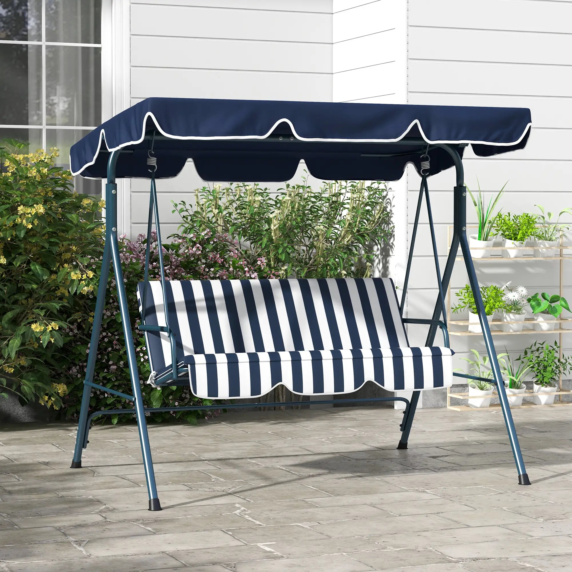 3-Seater Outdoor Porch Swing, Adjustable Canopy, and White, Blue Patio Swings with Stand at Gallery Canada