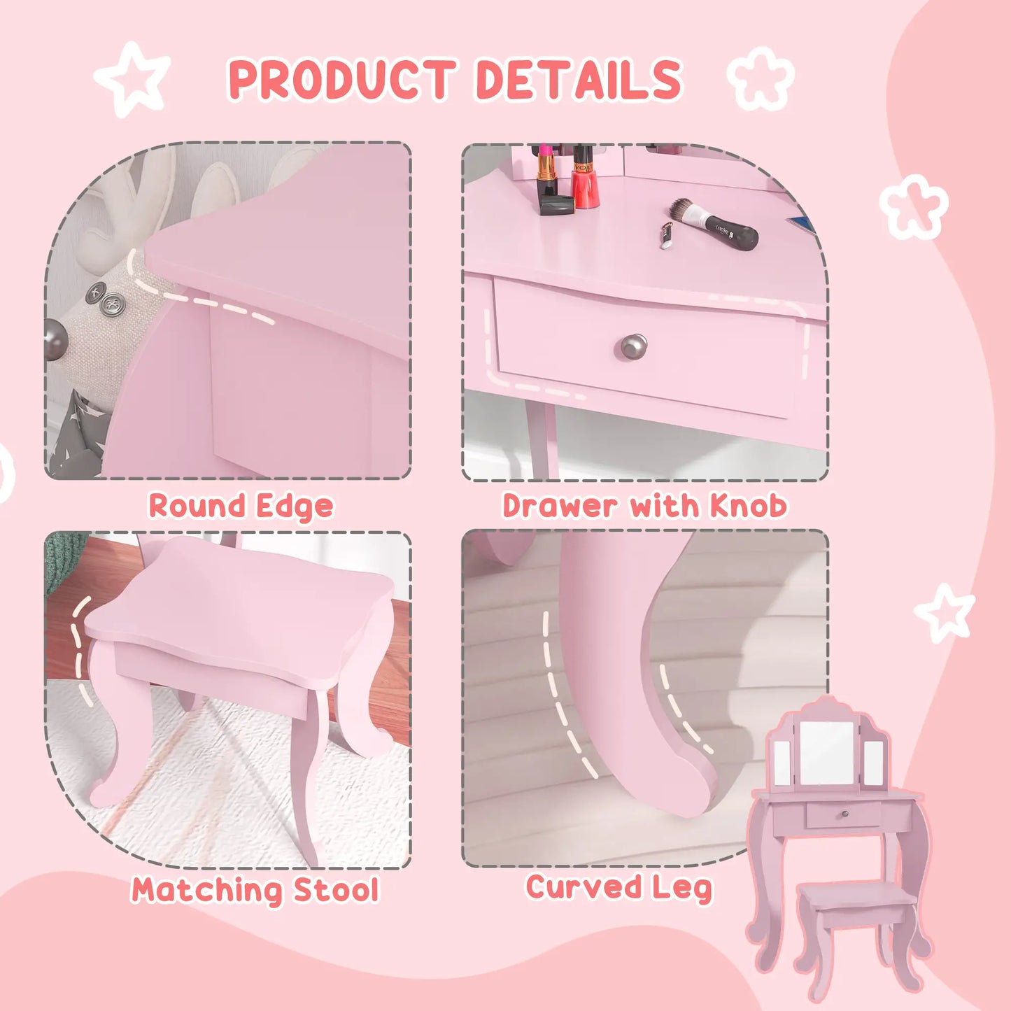 Kids Vanity Table and Stool, Makeup Set with Tri-Folding Mirrors, Pink Kids Bedroom Furniture at Gallery Canada