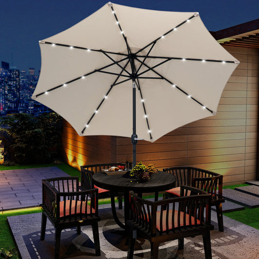 8.8ft Solar Patio Umbrella, 24 LED Lights, Tilt Canopy, Cream Sun Umbrellas Cream White cloth, dark grey robs at Gallery Canada