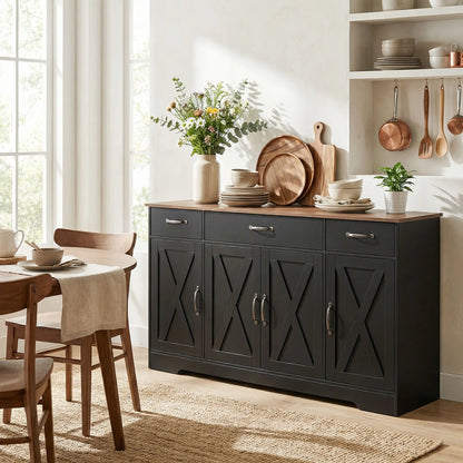 55" Sideboard Buffet Cabinet, Farmhouse Kitchen, 4 Barn Doors, 3 Drawers, Black Bar Cabinets at Gallery Canada