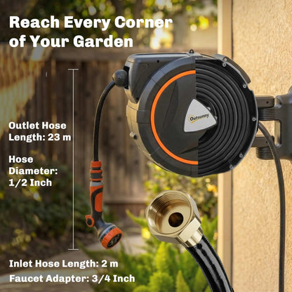 Retractable Garden Hose Reel, 1/2"x75.5ft Wall Mounted Hose Reel with 12-Pattern Nozzles, Auto Retraction, Self-Locking Garden Accessories at Gallery Canada