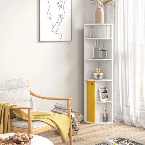5-Tier Corner Bookcase, Storage Bookshelf, Open Compartments, Cabinet, White