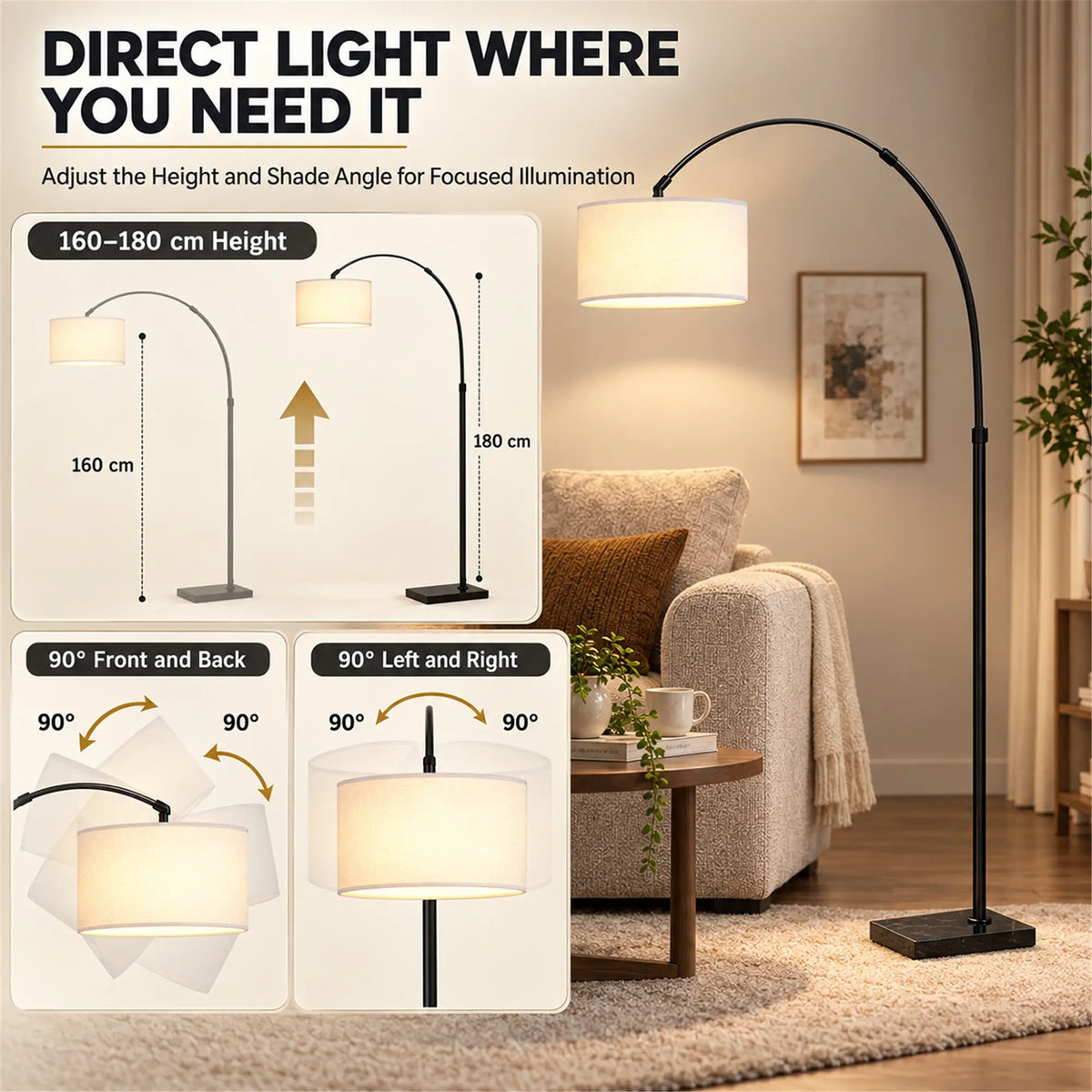 Arc Floor Lamp, Adjustable Linen Shade, 90° Tilt Swivel, Black Floor Lamps & Ceiling Fan Lights at Gallery Canada
