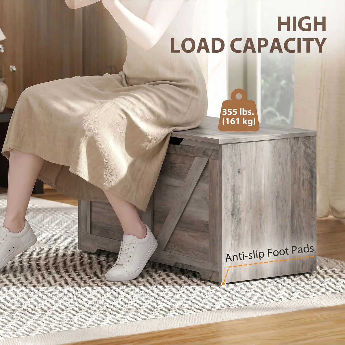 31.5" Storage Chest with Safety Hinge, Grey Wood Grain, Grey Storage Cabinets at Gallery Canada