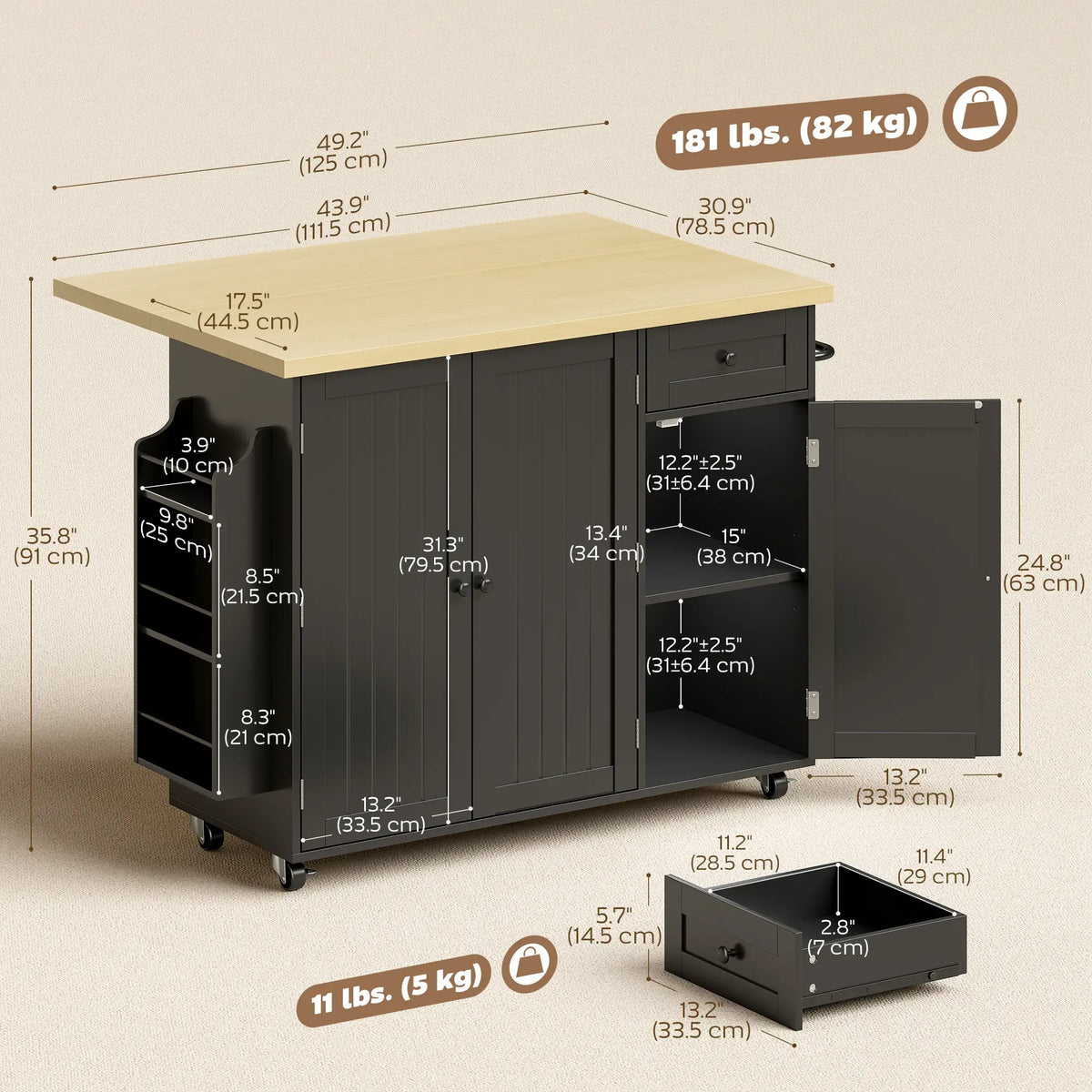 Kitchen Island Cart With Drop Leaf, Drawer, Rack, Black Kitchen Islands & Kitchen Carts at Gallery Canada